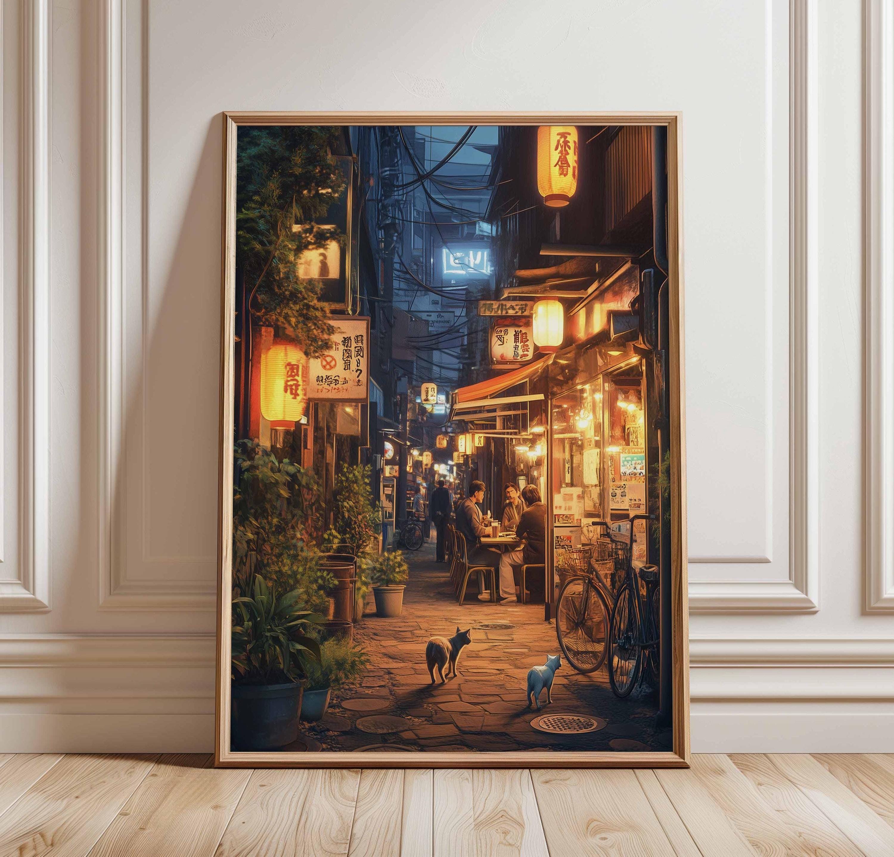 Japanese Alley Art Print, Lantern Street Scene, Tokyo Cat Poster