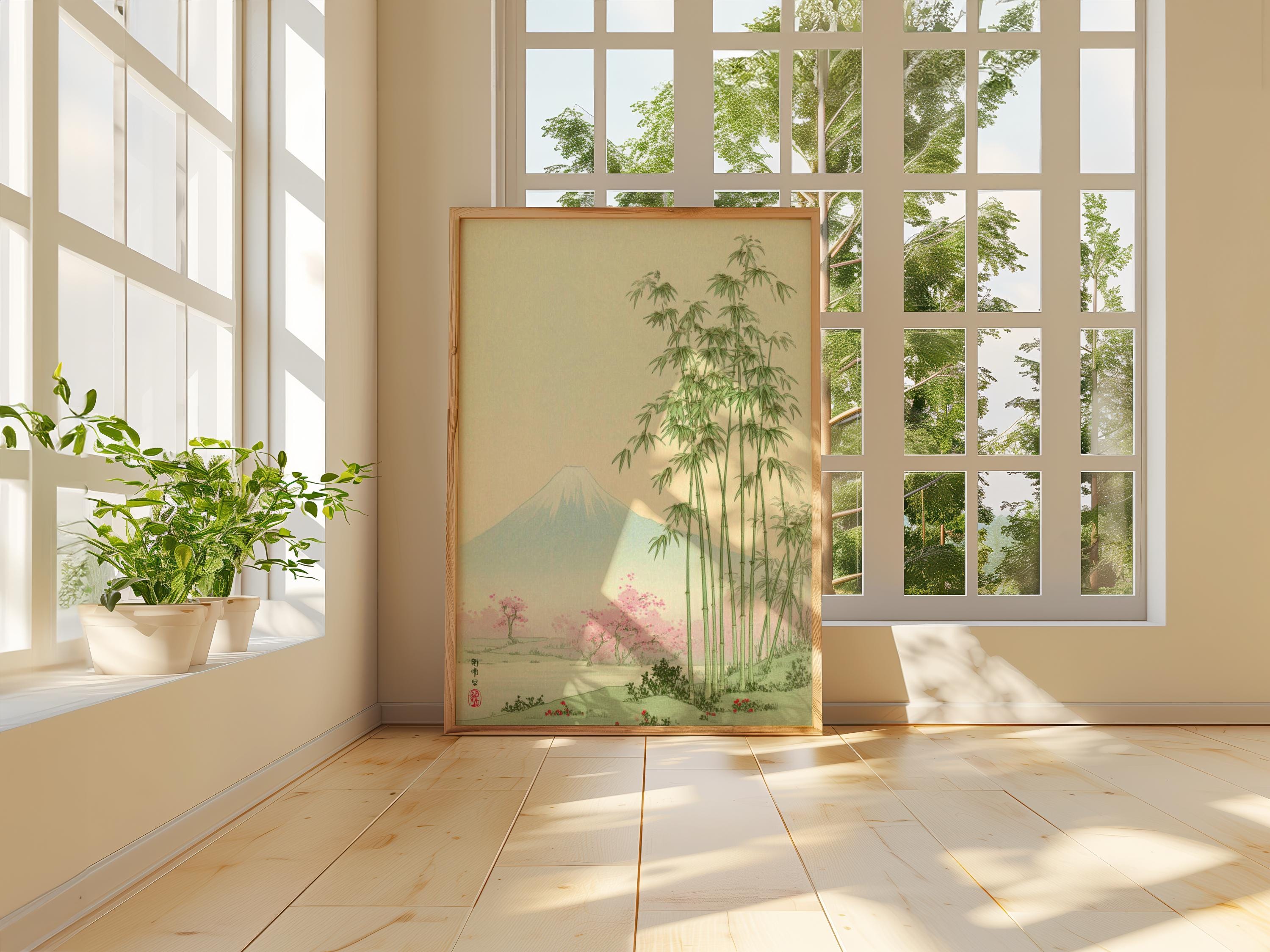 Japanese Bamboo Wall Art, Mount Fuji Landscape Poster, Traditional
