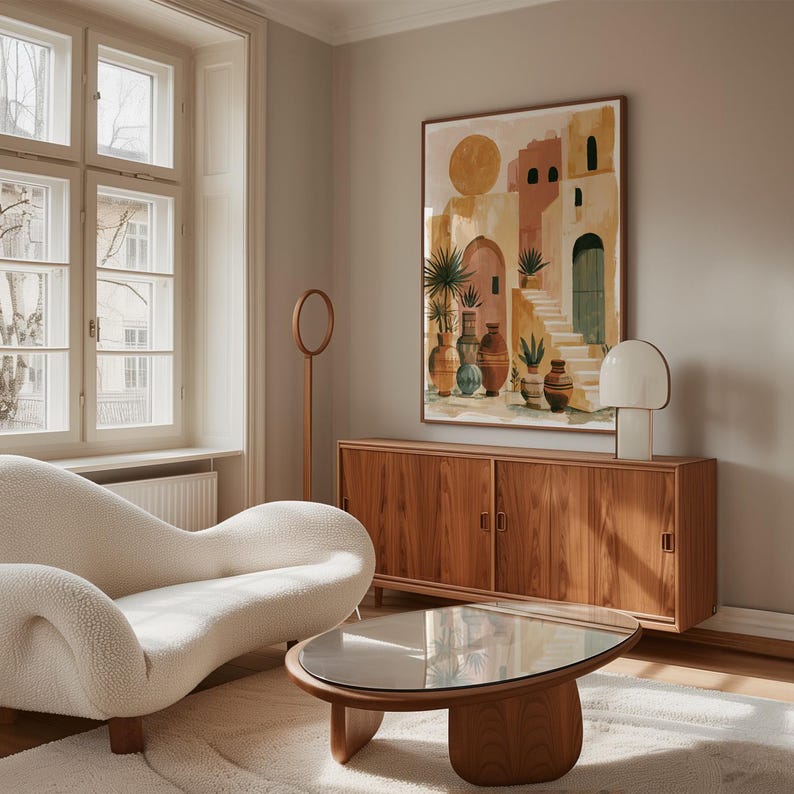 Peut inclure: Un salon avec un canap&eacute; incurv&eacute; cr&egrave;me, une table basse en bois avec un plateau en verre et un meuble en bois. Une grande &oelig;uvre d'art encadr&eacute;e repr&eacute;sente une sc&egrave;ne de village m&eacute;diterran&eacute;en. Une lampe blanche et un miroir sur pied sont &eacute;galement pr&eacute;sents.