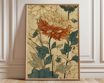 Lámina decorativa vintage con motivos florales, póster botánico de flores, ilustración de crisantemo naranja