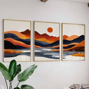 Set di 3 poster di montagne giapponesi, paesaggi al tramonto, stampe naturalistiche moderne, decorazioni murali arancioni e blu, arredamento minimalista per la casa, stampe artistiche boho