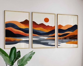 Japanese Mountain Set of 3, Sunset Landscape Posters, Modern Nature Prints, Orange and Blue Wall Art, Minimalist Home Decor, Boho Art Prints
