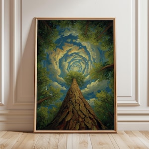 Peut inclure: Impression d'art encadrée représentant un grand arbre vu d'en bas, avec un ciel tourbillonnant au-dessus. L'œuvre présente un tronc d'arbre détaillé et des branches avec des feuilles vertes, sur fond de ciel bleu et de nuages blancs.