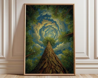 Op de afbeelding: Een ingelijste kunstdruk met een hoge boom van onderaf gezien, met een wervelende lucht erboven. Het kunstwerk toont een gedetailleerde boomstam en takken met groene bladeren, tegen een achtergrond van blauwe lucht en witte wolken.