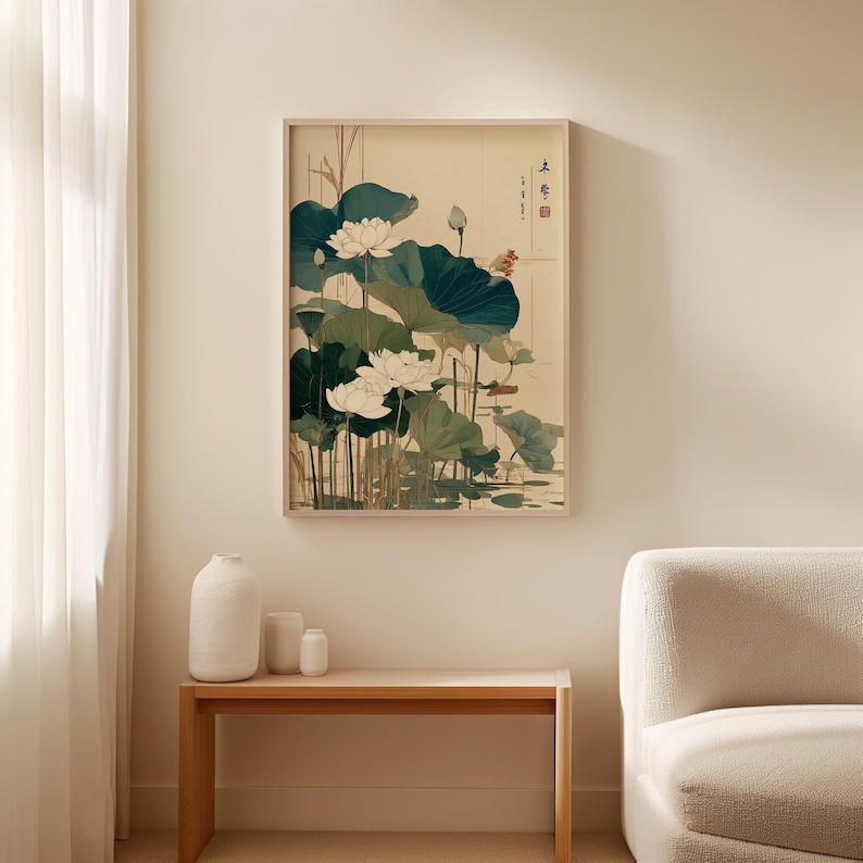 Japanese Lotus Flower Poster Green Beige Wall Art Botanical ...