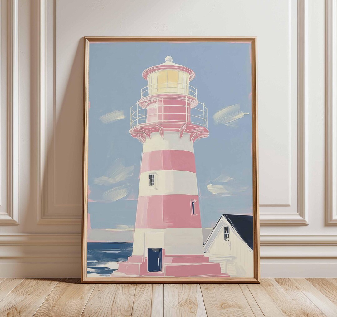 Pink Lighthouse Coastal Art Print Poster, Modern Coastal Painting ...