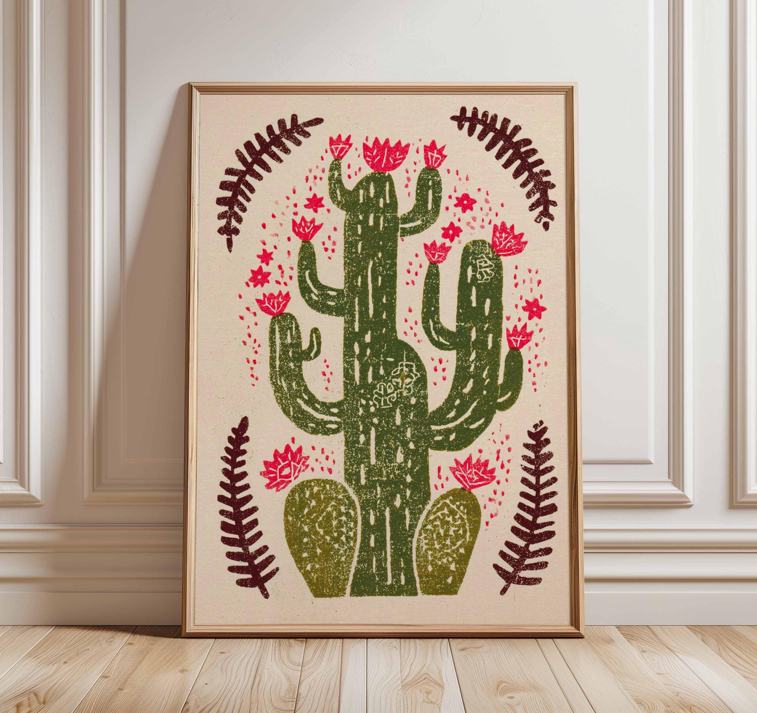 Mexican Cactus Poster, Folk Art Desert Print With Pink Flowers, Rustic ...
