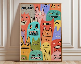 Abstract Monster Art Print, Colorful Pop Art Illustration, Modern Graffiti Style Wall Art, Quirky Character Painting for Home or Studio
