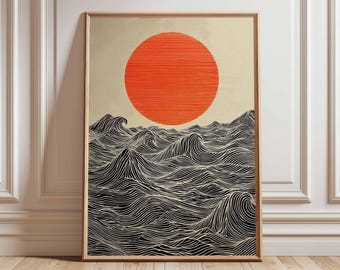 Lámina de arte mural "Sol y olas": póster minimalista moderno con océano, obra de arte abstracta de estilo japonés, decoración contemporánea y atrevida para el hogar.