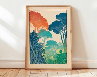 Impresión artística de pared con un bosque de árboles coloridos, póster de naturaleza moderna, ilustración de paisaje vibrante, decoración botánica contemporánea para el hogar.