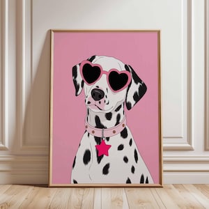 Dalmatian Dog Poster, Cute Pop Art Dog Wall Print, Pink Girl Bedroom Decor, Heart Sunglasses Art, Trendy Pet Lover Aesthetic
