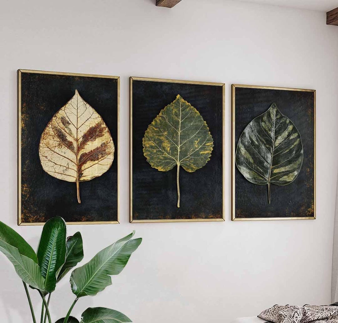 日本の葉っぱのウォールアートセット、植物プリント、自然ポスター、緑