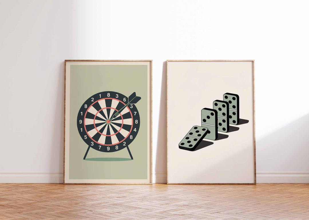 Game Room Wall Art Poster Set of 2, Dartboard and Domino Prints, Retro ...