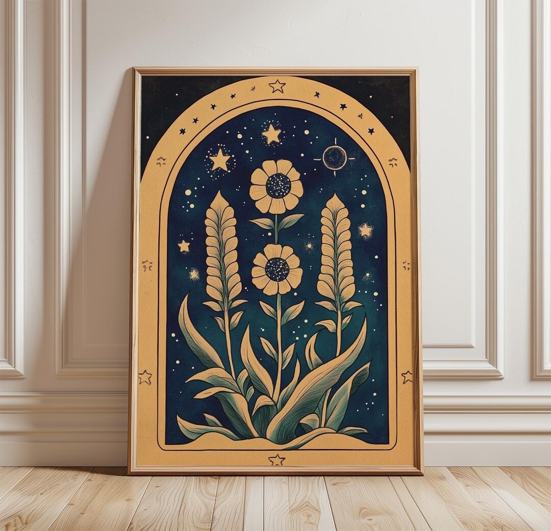 Celestial Floral Poster, Boho Night Sky Wall Art Print, Vintage ...