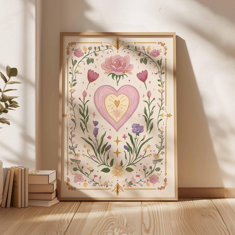 May include: A framed art print featuring a central pink heart design with a golden center, surrounded by floral and botanical elements. The artwork includes roses, tulips, and other flowers in soft pastel colors, framed in a light wood. The overall theme is romantic and whimsical.