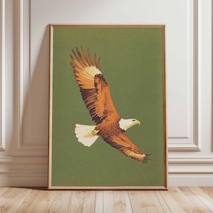 Bald Eagle Wall Art, Vintage Soaring Eagle Print, Rustic Green Wildlife Poster, Patriotic Bird Illustration, Nature Wall Decor