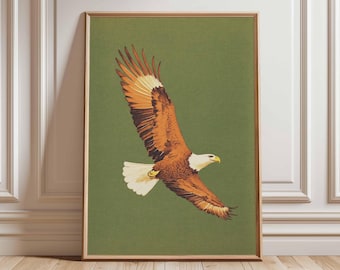 Weißkopfseeadler-Wandkunst, Weinlese-ansteigender Adlerdruck, rustikales grünes wild lebendes Plakat, Vaterländische Vogel-Illustration, Natur-Wand-Dekor
