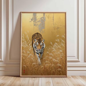 Tiger Wall Art Print, Japanese Golden Grass Poster, Powerful Bengal Tiger Decor, Minimalist Animal Artwork, Zen Jungle Home Decor