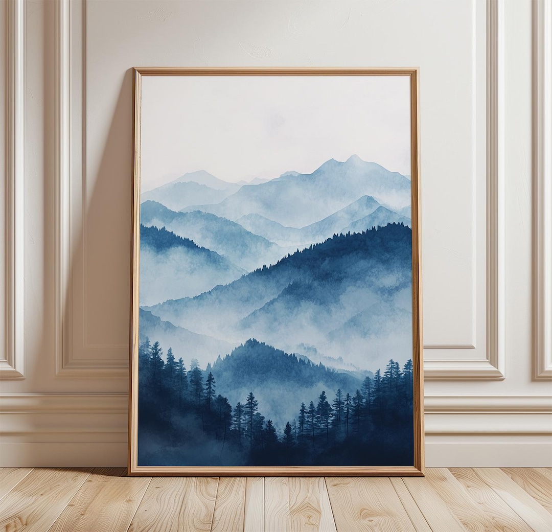Misty Mountain Poster | Blue Landscape Wall Art | Forest Nature Print ...