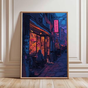 Urban Tokyo Print, Neon Tokyo Street, Night Market Poster, Cat Street Scene, Japanese Print, Lantern-lit Tokyo Print