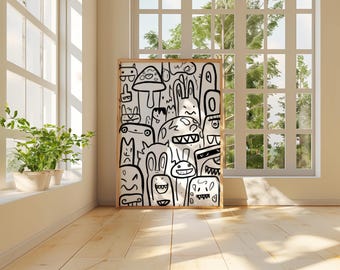 原画/イラスト/ストリートアート/ペン画/ DOODLES Vol,5インテリア Black and White Doodle Art Print, Cartoon Monster Wall Art, Modern