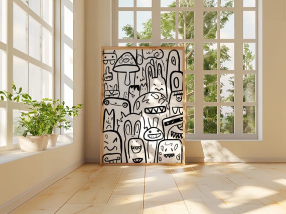 Black and White Doodle Art Print, Cartoon Monster Wall Art, Modern