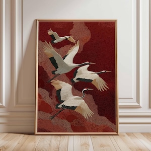 Red Crowned Cranes Poster, Traditional Japanese Crane Wall Art, Flying Cranes on Red Background, Asian Style Bird Print, Oriental Decor