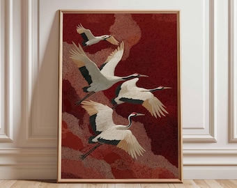 Plakat z żurawiami mandżurskimi, tradycyjna japońska sztuka ścienna z żurawiami, latające żurawie na czerwonym tle, nadruk z ptakami w stylu azjatyckim, wystrój orientalny
