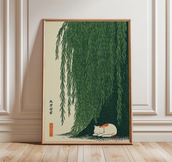 Cat Under Willow Tree Wall Art, Japanese Style Print, Green Nature Poster