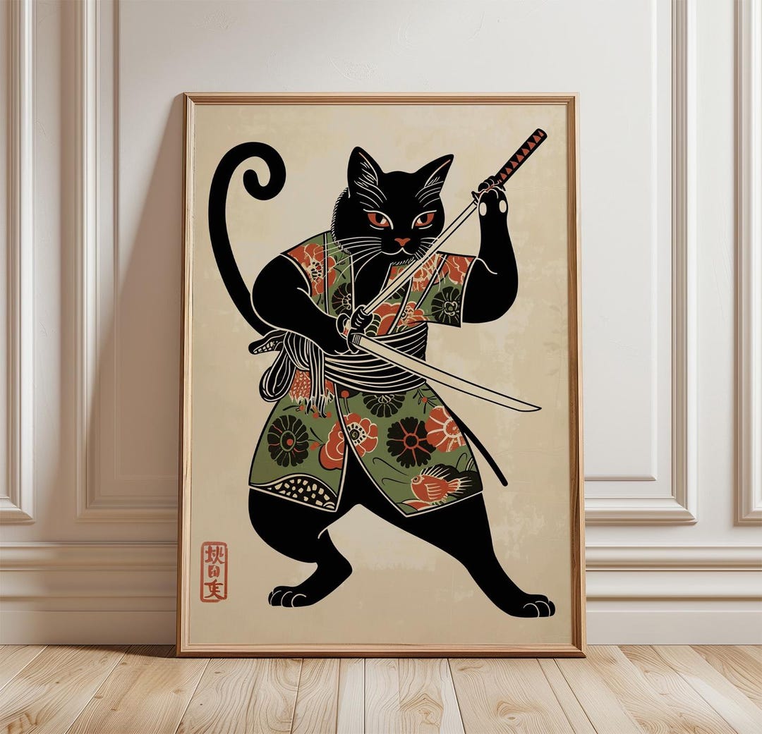 Samurai Cat Poster | Japanese Style Wall Art | Black Cat Warrior Print ...