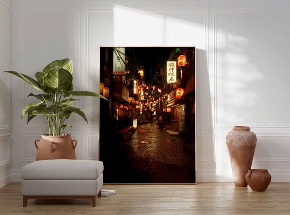 Tokyo Lantern Alley Poster, Japanese Night Street Wall Art, Urban