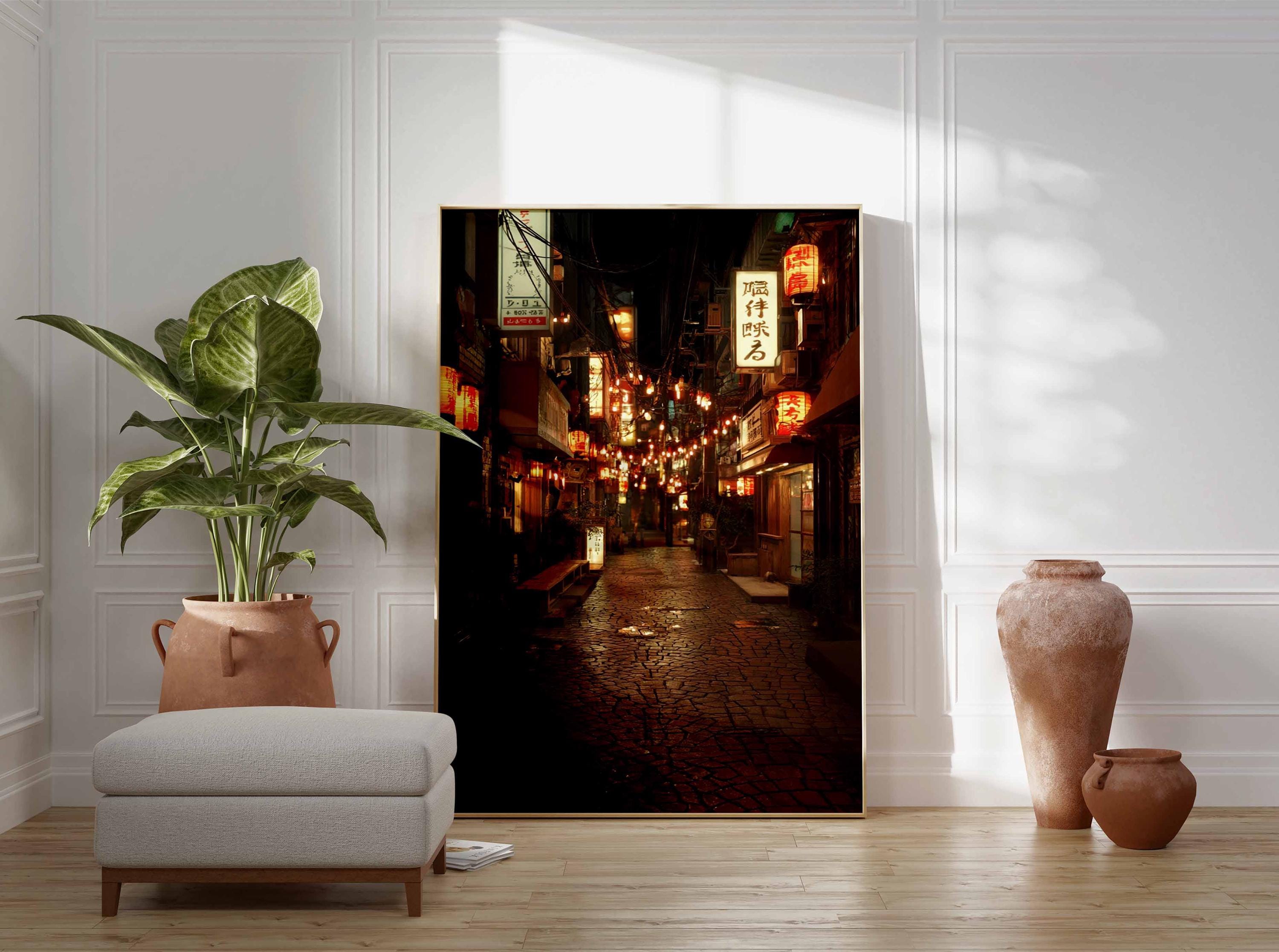 Tokyo Lantern Alley Poster, Japanese Night Street Wall Art, Urban