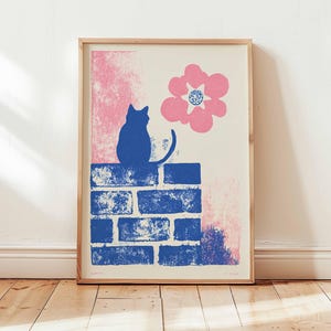 Cat Wall Art Print, Modern Minimalist Cat Poster, Blue Pink Animal Illustration, Cute Feline Wall Decor, Retro Pop Art Style