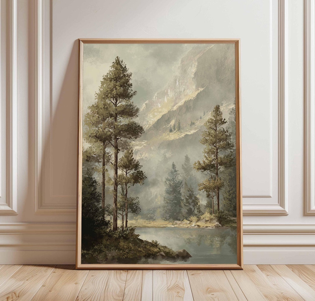 Mountain Forest Landscape Poster, Misty Pine Trees Lake Wall Art ...