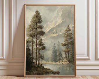 Mountain Forest Landscape Poster, Misty Pine Trees Lake Wall Art, Tranquil Nature Painting Print, Cabin Style Rustic Decor