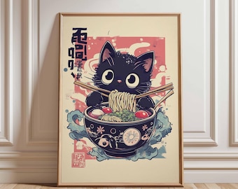 Black Cat Ramen Poster, Cute Noodle Art, Kawaii Cat Print, Japanese Food Poster, Cat Eating Ramen, Asian Wall Art, Fun Kitchen Decor