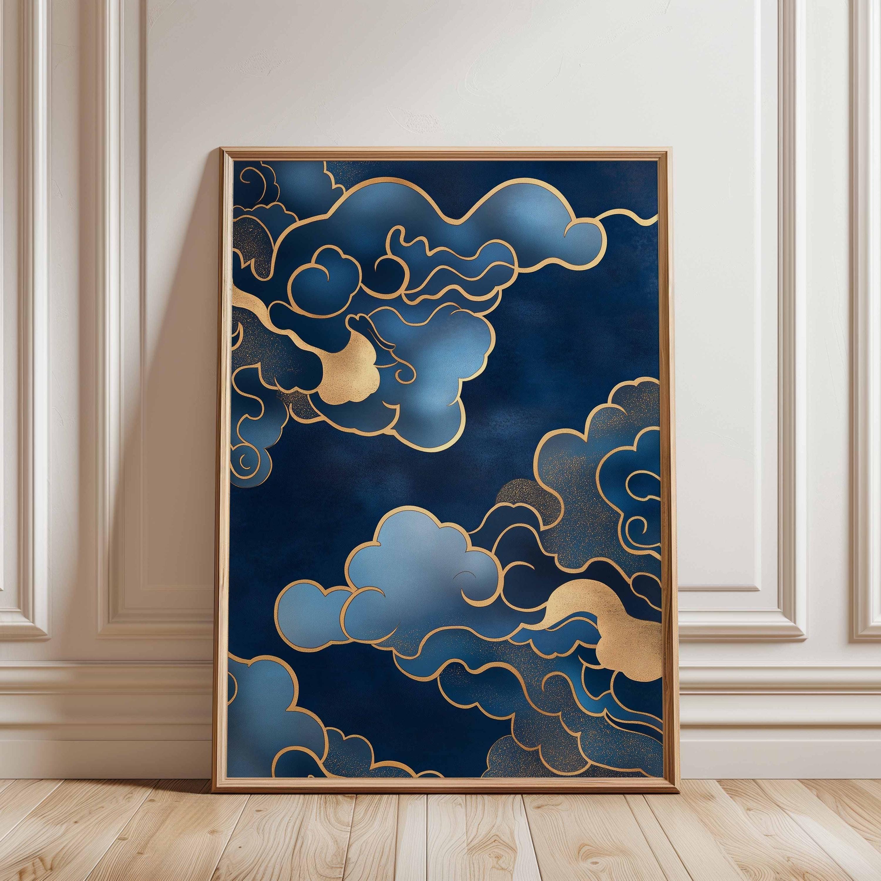 Japanese Cloud Wall Art, Navy and Gold Abstract Sky Poster