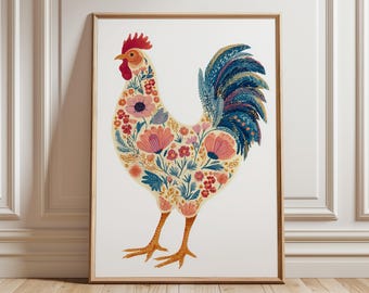 Art mural floral coq, affiche de ferme colorée, impression de poulet art populaire moderne pour cuisine et décoration champêtre
