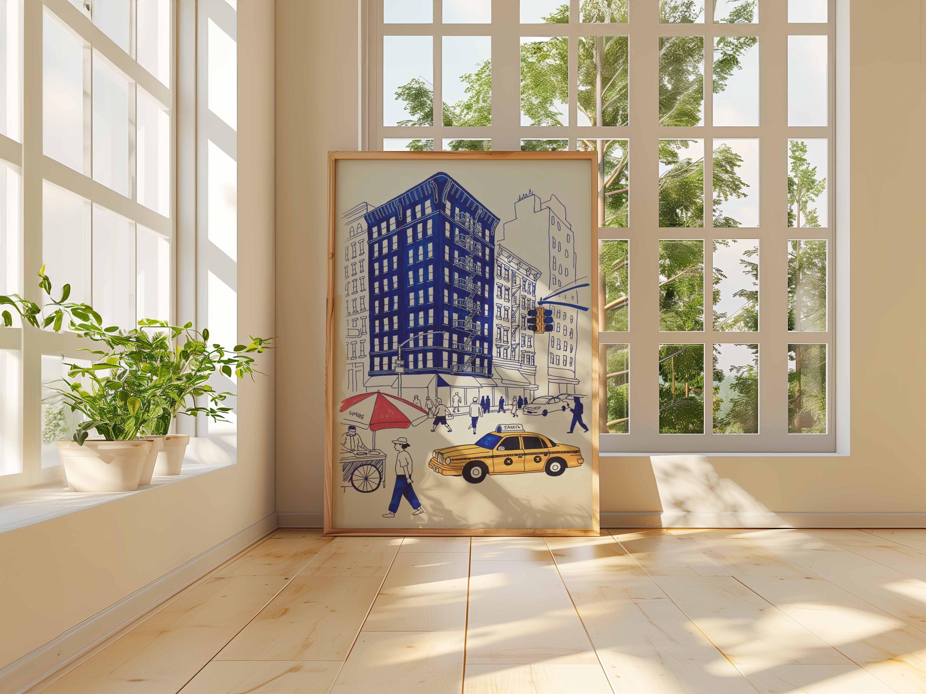 New York City Poster – Yellow Taxi Street Scene Wall Art, NYC