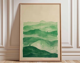 Impresión artística de paisaje de montaña verde, póster minimalista de naturaleza, paisaje montañoso abstracto, arte mural de colinas verdes, decoración de paisaje tranquilo