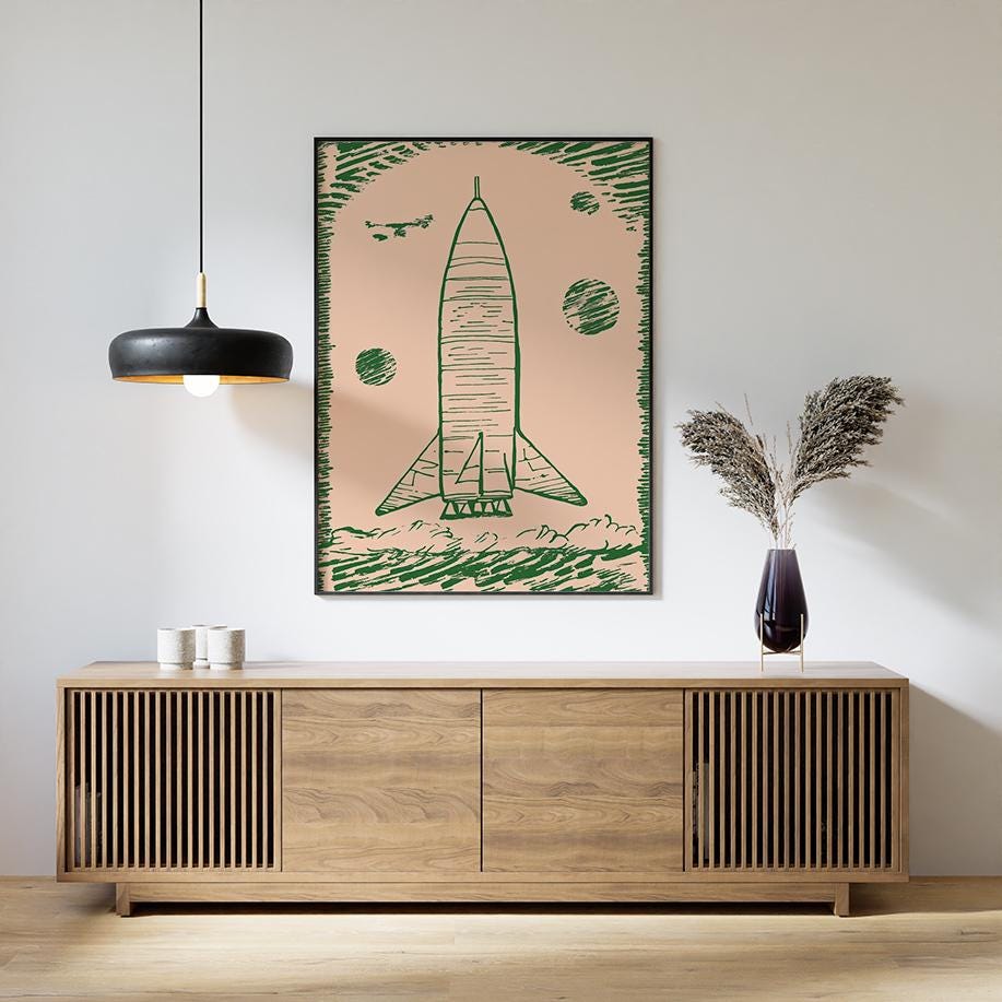 Vintage Rocket Poster, Space Shuttle Illustration Wall Art Print, Retro ...