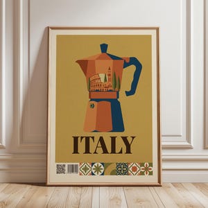 Może przedstawiać: Oprawiony plakat przedstawiający pomarańczowo-niebieski ekspres do kawy z włoskim krajobrazem miejskim. Słowo "ITALY" znajduje się pod ekspresem do kawy. Dekoracyjna bordiura z geometrycznymi wzorami znajduje się na dole.