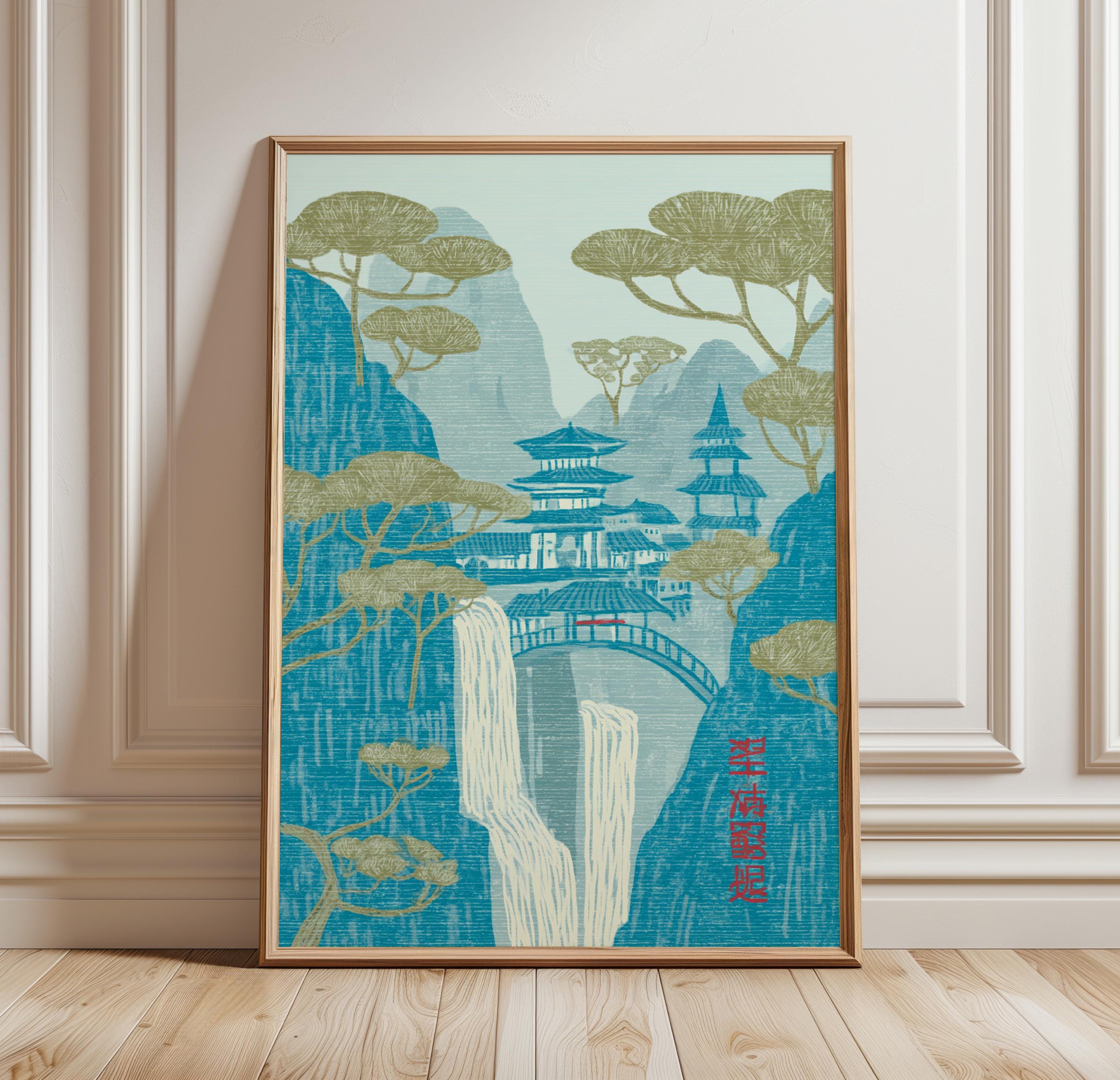 Blue Waterfall Wall Art Poster Asian Landscape Illustration Mountain ...