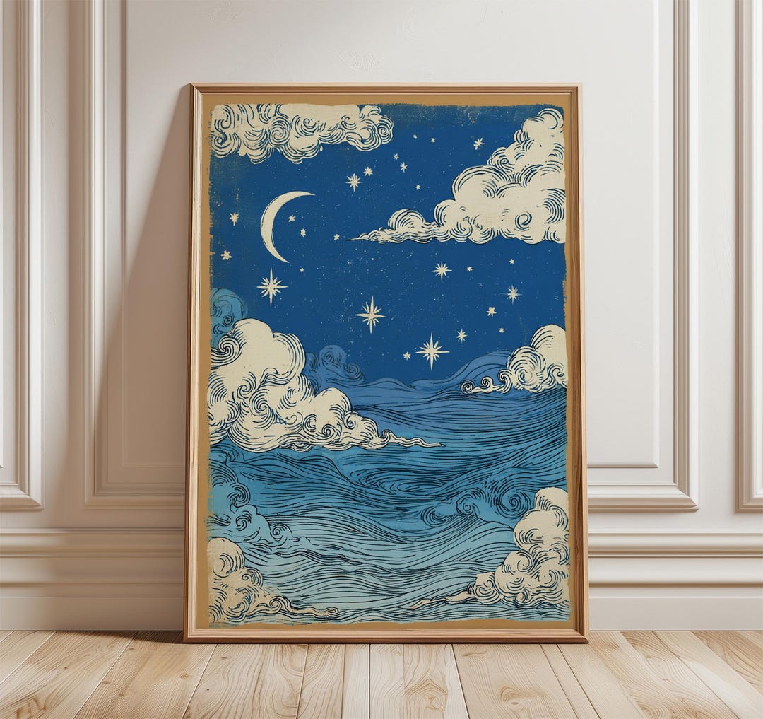 Night Sky Wall Art Print | Moon and Stars Landscape Illustration ...