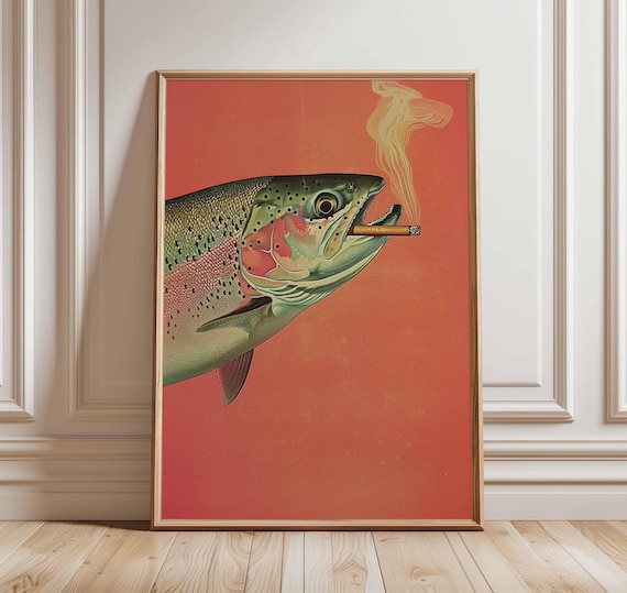 Smoking Fish Poster, Funny Trout Wall Art Print, Quirky Angler Decor, Bold  Orange Background Animal Illustration, Unframed Fishing Gift