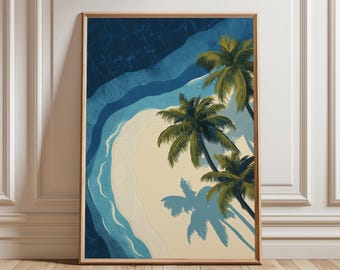 Tropical Beach Poster, Coastal Wall Art Print, Palm Tree Ocean Artwork, Aerial Seaside Decor, Summer Beach Illustration