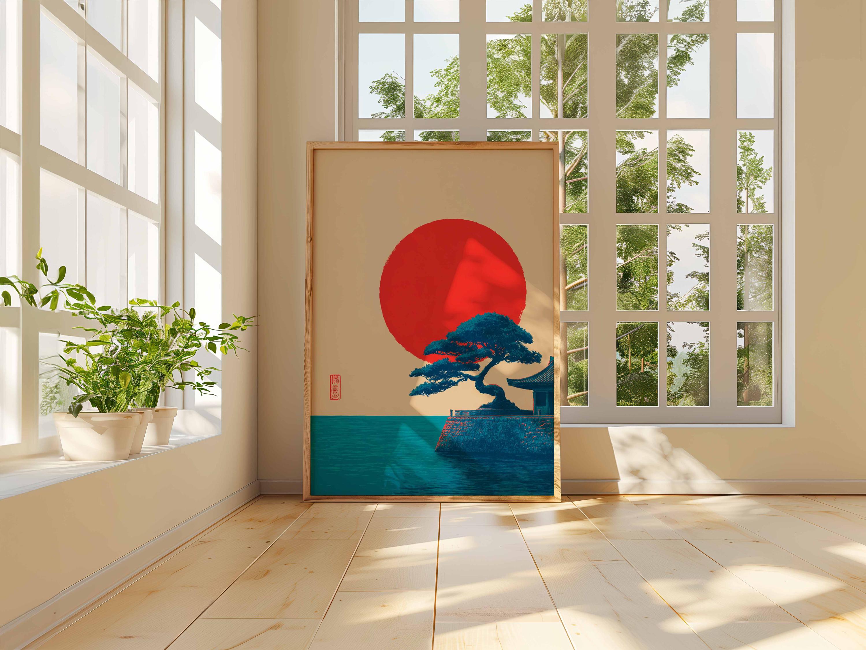 Japanese Sunset Poster, Minimalist Red Sun Wall Art, Zen Landscape