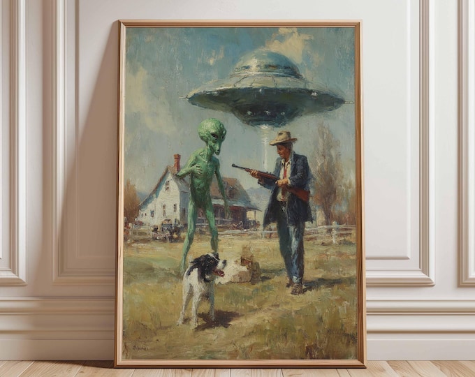 Alien Encounter Wall Art, Vintage Style UFO Poster with Farmer and Dog, Surreal Sci-Fi Country Painting Print