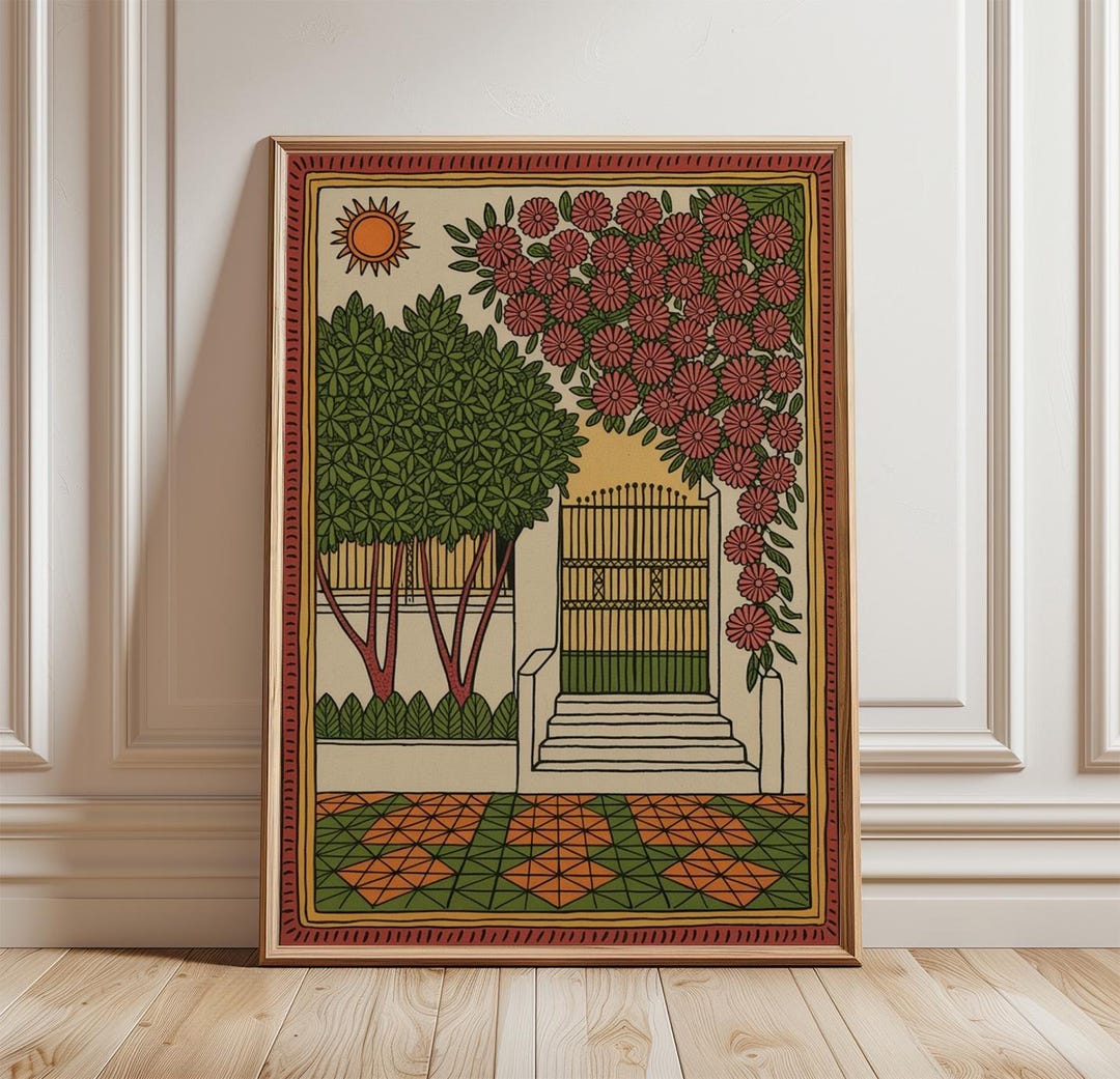 Mediterranean Garden Poster | Floral Courtyard Wall Art | Woodcut Style ...