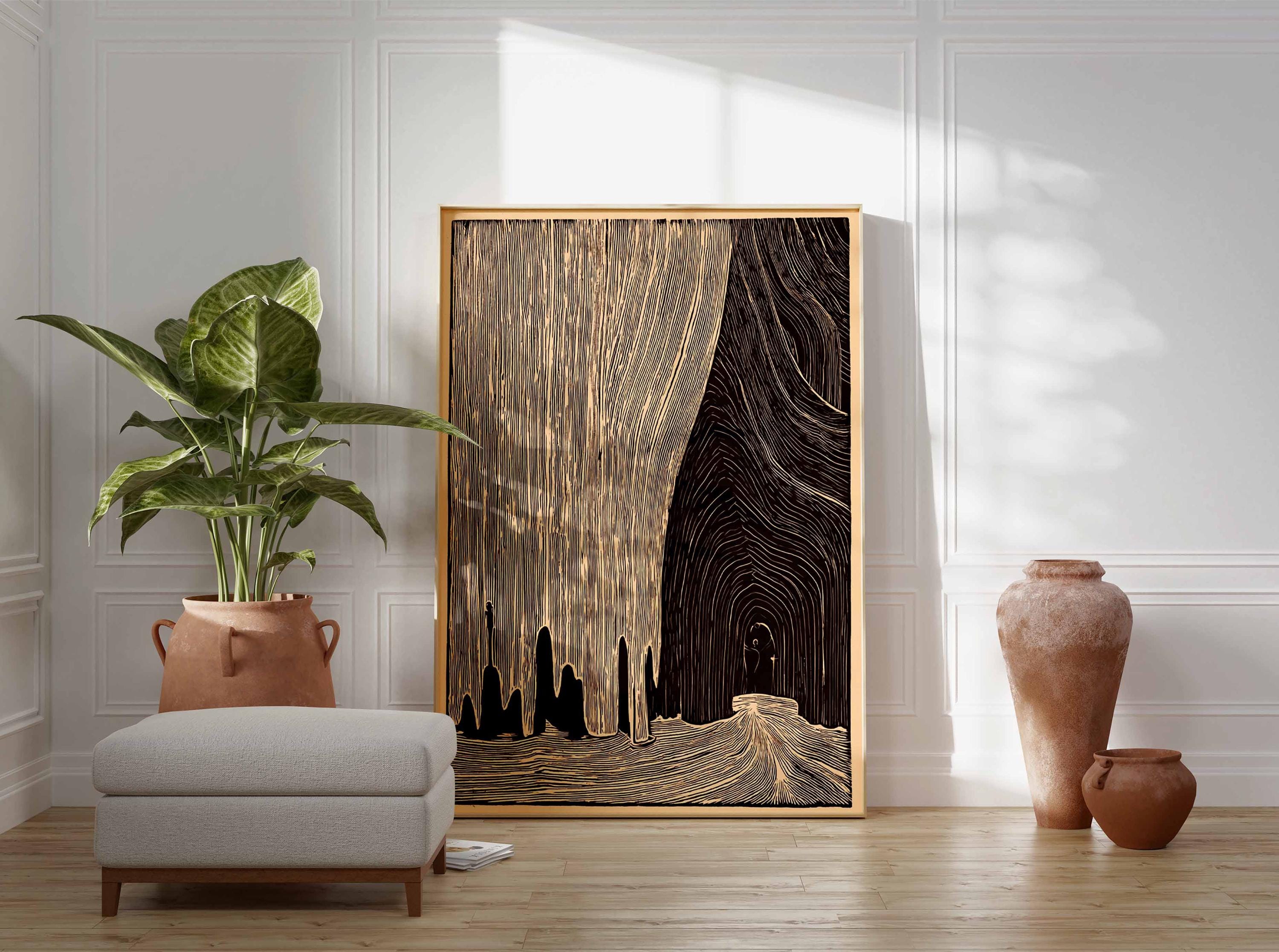 Cave Woodcut Poster Print, Dark Surreal Landscape Wall Art